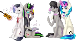 Size: 1796x966 | Tagged: safe, artist:sychia, derpibooru import, octavia melody, vinyl scratch, oc, oc:nuance harmoney, oc:sawtooth vibe, earth pony, pony, unicorn, icey-verse, bow, bowtie, clothes, crying, cute, family, female, glasses, glowing horn, headphones, hug, jacket, keyboard, lesbian, looking at each other, magical lesbian spawn, mare, mother and daughter, next generation, offspring, parent:octavia melody, parent:vinyl scratch, parents:scratchtavia, scratchtavia, shipping, simple background, sisters, sunglasses, tears of joy, tissue, transparent background, violin