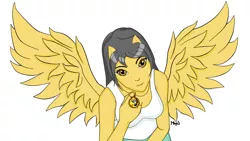 Size: 1280x720 | Tagged: safe, artist:marsil, derpibooru import, oc, oc:dany melody, human, pegasus, pony, equestria girls, female, ponied up, simple background, solo, white background, wings