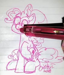 Size: 1615x1907 | Tagged: safe, artist:binkyt11, derpibooru import, pinkie pie, pony, abuse, eraser, erasing, i have no mouth and i must scream, lined paper, pen, pen drawing, pinkiebuse, sad, solo, traditional art