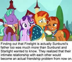 Size: 619x532 | Tagged: safe, derpibooru import, edit, edited screencap, screencap, firelight, starlight glimmer, stellar flare, sunburst, pony, the parent map, false, implied incest, nudge, one eye closed, ponestrip, smug, wink