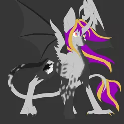 Size: 5792x5792 | Tagged: safe, artist:florarena-kitasatina/dragonborne fox, derpibooru import, oc, oc:dark reflections, unofficial characters only, alicorn, chimera, dove, pony, absurd resolution, bat wings, cloven hooves, curved horn, feathered bat wings, hybrid wings, joke oc, leonine tail, may or may not be a demon, mirror, mottled coat, rainbow eyes, two-toned everything, unshorn fetlocks, why, wings