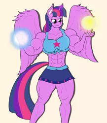 Size: 1572x1809 | Tagged: abs, alicorn, anthro, artist:matchstickman, biceps, breasts, busty twilight sparkle, clothes, deltoids, derpibooru import, female, magic, mare, muscles, safe, simple background, solo, thunder thighs, twilight muscle, twilight sparkle, twilight sparkle (alicorn)