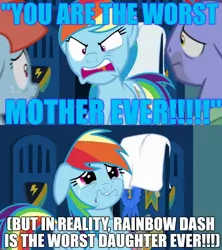 Size: 1280x1440 | Tagged: safe, derpibooru import, edit, edited screencap, screencap, bow hothoof, rainbow dash, windy whistles, pony, parental glideance, abuse, angry, crying, dashabuse, image macro, meme, op is wrong, rainbow dash's parents, sad, windybuse, worst pony, yelling