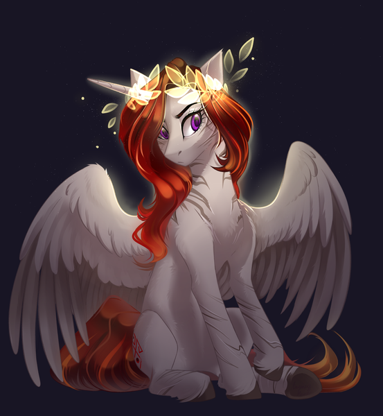 Size: 2707x2939 | Tagged: safe, artist:mp-printer, derpibooru import, oc, unofficial characters only, alicorn, pony, alicorn oc, black background, purple eyes, red mane, simple background, sitting, solo, wary, white coat