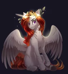 Size: 2707x2939 | Tagged: safe, artist:mp-printer, derpibooru import, oc, unofficial characters only, alicorn, pony, alicorn oc, black background, purple eyes, red mane, simple background, sitting, solo, wary, white coat
