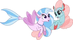 Size: 5679x3133 | Tagged: artist:jhayarr23, changedling, changeling, cute, derpibooru import, diaocelles, diastreamies, disguise, disguised changeling, duo, female, fins, fin wings, jewelry, necklace, non-compete clause, ocellus, safe, sea ponies, seaponified, seapony (g4), seapony ocellus, seashell necklace, silverstream, simple background, smiling, species swap, transparent background, vector