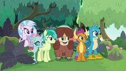 Size: 1280x720 | Tagged: safe, derpibooru import, screencap, gallus, ocellus, sandbar, silverstream, smolder, yona, changedling, changeling, classical hippogriff, dragon, earth pony, gryphon, hippogriff, pony, yak, non-compete clause, student six