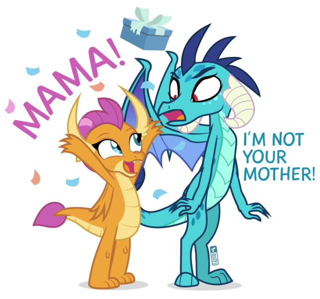 Size: 900x840 | Tagged: safe, artist:dm29, derpibooru import, princess ember, smolder, dragon, confetti, dialogue, dragoness, duo, female, happy, implied adoption, implied mother and daughter, looking at each other, mother's day, open mouth, present, simple background, smiling, transparent background