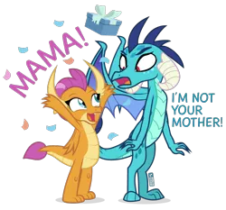 Size: 900x840 | Tagged: safe, artist:dm29, derpibooru import, princess ember, smolder, dragon, confetti, dialogue, dragoness, duo, female, happy, implied adoption, implied mother and daughter, looking at each other, mother's day, open mouth, present, simple background, smiling, transparent background