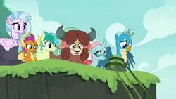 Size: 1280x720 | Tagged: safe, derpibooru import, screencap, gallus, ocellus, sandbar, silverstream, smolder, yona, changedling, changeling, classical hippogriff, dragon, earth pony, gryphon, hippogriff, pony, yak, non-compete clause, student six, worried