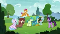 Size: 1280x720 | Tagged: safe, derpibooru import, screencap, gallus, ocellus, sandbar, silverstream, smolder, twilight sparkle, twilight sparkle (alicorn), yona, alicorn, changedling, changeling, classical hippogriff, dragon, earth pony, gryphon, hippogriff, pony, yak, non-compete clause, cloven hooves, dragoness, female, male, mare, student six, teenager