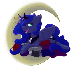 Size: 3278x2975 | Tagged: safe, artist:lula-moonarts, derpibooru import, princess luna, alicorn, pony, crescent moon, ethereal mane, female, horn jewelry, jewelry, mare, moon, pillow, prone, simple background, smiling, starry mane, tangible heavenly object, transparent background