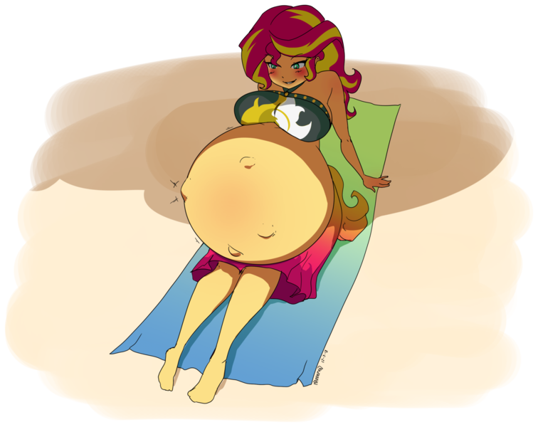 Size: 2000x1587 | Tagged: suggestive, artist:marrazan, derpibooru import, sunset shimmer, equestria girls, equestria girls series, beach, belly, belly button, big belly, big breasts, breasts, busty sunset shimmer, clothes, hyper, hyper pregnancy, impossibly large belly, kicking, looking down, outie belly button, pregnant, simple background, sunset preggers, swimsuit, transparent background