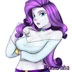 Size: 1024x1024 | Tagged: artist:bunnynha, belly button, breasts, busty rarity, choker, cleavage, clothes, derpibooru import, female, human, humanized, lipstick, midriff, pony coloring, rarity, safe, shirt, signature, simple background, solo, transparent background, watermark