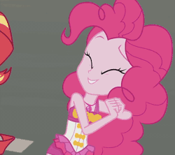 Size: 1216x1080 | Tagged: safe, derpibooru import, screencap, pinkie pie, sunset shimmer, equestria girls, equestria girls series, x marks the spot, animated, clothes, cropped, cute, diapinkes, excited, gif, happy, solo focus, swimsuit