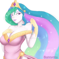 Size: 1024x1024 | Tagged: artist:bunnynha, breasts, busty princess celestia, clothes, derpibooru import, dress, female, gloves, human, humanized, pony coloring, princess celestia, safe, signature, simple background, smiling, solo, transparent background, watermark