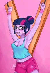Size: 1493x2145 | Tagged: suggestive, artist:lleyx, derpibooru import, sci-twi, twilight sparkle, equestria girls, armpits, bondage, bondage cross, breasts, busty twilight sparkle, cleave gag, clothes, female, gag, glasses, looking at you, solo, solo female, sports shorts, sweat, tanktop