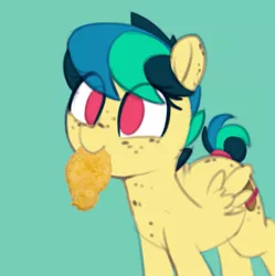 Size: 747x749 | Tagged: safe, artist:shinodage, derpibooru import, edit, oc, oc:apogee, unofficial characters only, pegasus, pony, aponugget, chicken nugget, female, filly, food, freckles, solo