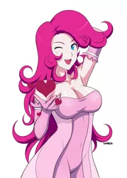 Size: 914x1280 | Tagged: 2014, armpits, artist:sketchbits, big breasts, breasts, busty pinkie pie, clothes, derpibooru import, dress, gloves, happy, heart, human, humanized, one eye closed, pink dress, pinkie pie, safe, simple background, wink
