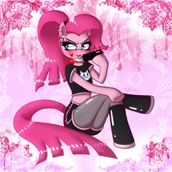 Size: 1024x1024 | Tagged: semi-grimdark, artist:leffenkitty, derpibooru import, pinkie pie, earth pony, semi-anthro, abstract background, alternate hairstyle, blade lick, blood, blushing, boots, clothes, ear piercing, earring, female, jewelry, knife, licking, midriff, nylons, piercing, pink background, pinkamena diane pie, ponytail, shirt, shoes, shorts, simple background, sitting, solo, t-shirt, tongue out, underhoof