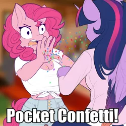 Size: 2000x2000 | Tagged: safe, artist:evehly, derpibooru import, pinkie pie, twilight sparkle, twilight sparkle (alicorn), alicorn, anthro, earth pony, belly button, blurred background, breasts, busty pinkie pie, cleavage, clothes, colored wings, colored wingtips, confetti, dale gribble, female, front knot midriff, frown, glare, image macro, impact font, king of the hill, meme, midriff, open mouth, pants, pocket confetti, pocket sand, shirt, text, wide eyes