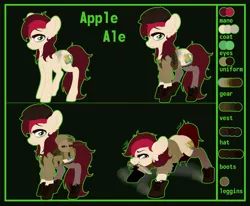 Size: 4000x3296 | Tagged: safe, artist:meowcephei, derpibooru import, oc, oc:appleale, earth pony, pony, fallout equestria, blouse, body armor, boots, bulletproof vest, cider, clothes, crush cap, fallout, female, kukri, leg wrapping, mare, military uniform, reference sheet, scavenger, shoes, shorts, solo, two toned mane, wasteland
