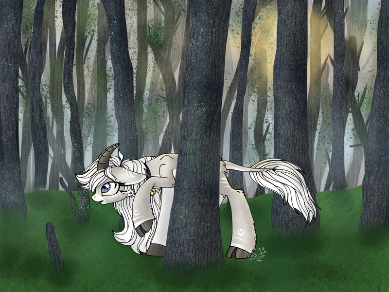 Size: 2048x1536 | Tagged: safe, artist:melonseed11, derpibooru import, oc, oc:misty dawn, unofficial characters only, goat pony, pony, cloven hooves, female, forest, horns, solo, tree