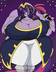 Size: 2539x3284 | Tagged: suggestive, artist:da-fuze, derpibooru import, twilight sparkle, twilight sparkle (alicorn), alicorn, anthro, bbw, big breasts, breasts, busty twilight sparkle, cleavage, clothes, commission, fat, female, fetish, hat, hips, huge breasts, hyper, impossibly large breasts, impossibly wide hips, longcoat, looking at you, microphone, pirate, pirate hat, small head, smiling, solo, solo female, twilard sparkle, wide hips