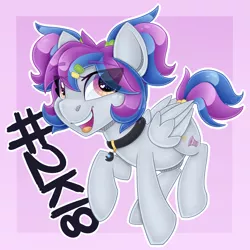 Size: 4000x4000 | Tagged: safe, artist:partylikeanartist, derpibooru import, oc, oc:aerial soundwaves, unofficial characters only, pegasus, pony, abstract background, choker, eye clipping through hair, female, hairclip, heart eyes, looking at you, mare, multicolored hair, multicolored mane, multicolored tail, open mouth, ponytail, ponyvillefm, record, scrunchie, simple background, smiling, solo, wingding eyes