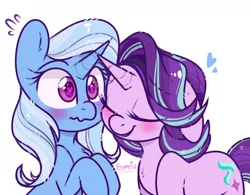 Size: 712x554 | Tagged: safe, artist:esmeia, derpibooru import, starlight glimmer, trixie, pony, unicorn, blushing, cute, daaaaaaaaaaaw, diatrixes, eyes closed, female, floating heart, floppy ears, friendship, glimmerbetes, heart, heart eyes, horns are touching, lesbian, mare, shipping, simple background, startrix, sweat, wavy mouth, white background, wingding eyes