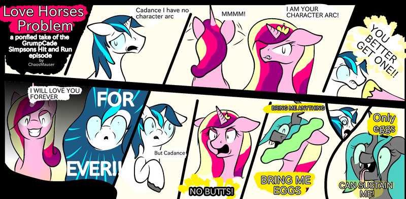 Size: 3302x1623 | Tagged: artist:chaosmauser, comic, derpibooru import, game grumps, grumpcade, oneyplays, princess cadance, queen chrysalis, safe, shining armor, the simpsons, transformation