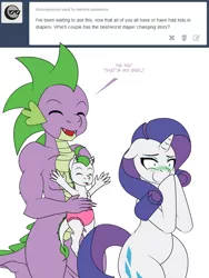 Size: 600x800 | Tagged: safe, artist:dekomaru, derpibooru import, rarity, spike, oc, oc:pearl, dracony, dragon, hybrid, pony, unicorn, tumblr:ask twixie, ask, bipedal, female, interspecies offspring, male, nauseous, offspring, older, parent:rarity, parent:spike, parents:sparity, shipping, sparity, straight, tumblr