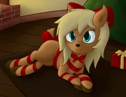 Size: 1280x982 | Tagged: safe, artist:deerdraw, derpibooru import, oc, oc:doe, unofficial characters only, deer, deer pony, original species, bow, christmas, cute, female, freckles, gift wrapped, holiday, looking at you, lying down, present, ribbon, smiling, solo, tree