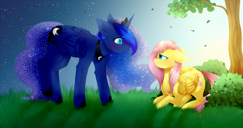 Size: 3420x1806 | Tagged: safe, artist:twinkepaint, derpibooru import, fluttershy, princess luna, alicorn, pegasus, pony, duo, female, looking at each other, mare, night, outdoors, stars, tree