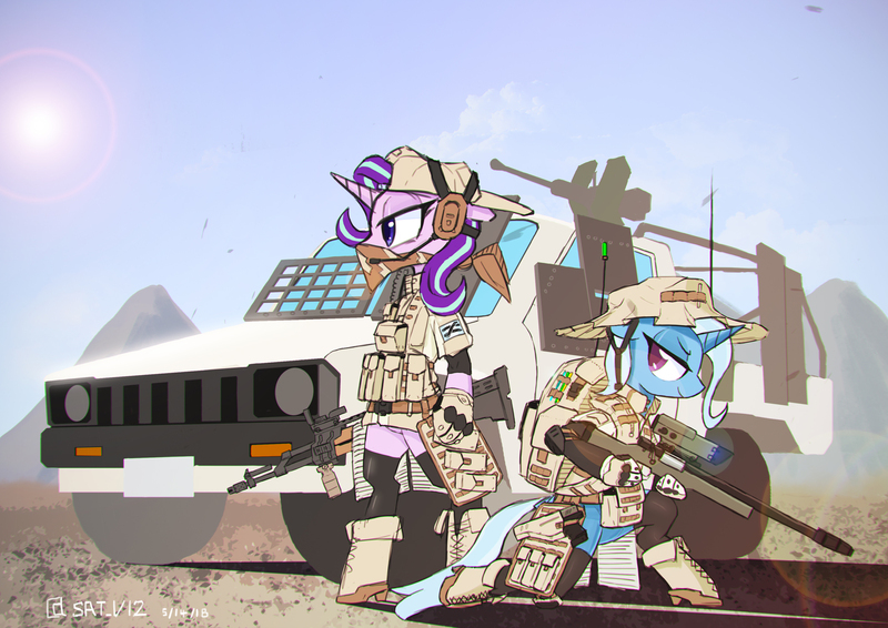 Size: 2000x1414 | Tagged: safe, artist:satv12, derpibooru import, starlight glimmer, trixie, pony, unicorn, ammo pouch, bag, bandana, bipedal, boots, bulletproof vest, cap, car, clothes, desert, duo, female, gloves, gun, handgun, hat, headphones, headset, hooves, horn, machine gun, mare, military, military uniform, optical sight, pouch, pouches, reflex sight, rifle, shoes, smiling, sniper rifle, stockings, sun, technical, thigh highs, vest, weapon