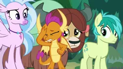 Size: 1280x720 | Tagged: safe, derpibooru import, screencap, sandbar, silverstream, smolder, yona, pony, non-compete clause, facepalm