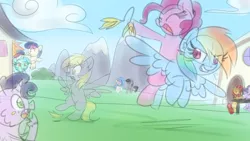 Size: 1024x576 | Tagged: safe, artist:littleblackraencloud, derpibooru import, bon bon, derpy hooves, lyra heartstrings, octavia melody, pinkie pie, rainbow dash, starlight glimmer, sunset shimmer, sweetie drops, vinyl scratch, oc, earth pony, pegasus, pony, unicorn, banana peel, cloud, colored sketch, flying, grass, mountain, ponies riding ponies, sky, spread wings, wings