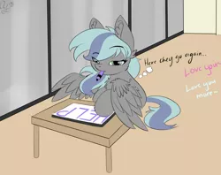 Size: 1200x949 | Tagged: safe, artist:aurorafang, derpibooru import, oc, oc:cherishquill, unofficial characters only, pegasus, pony, dialogue, female, filly, flat colors, house, mare, marker, mute, whiteboard, window