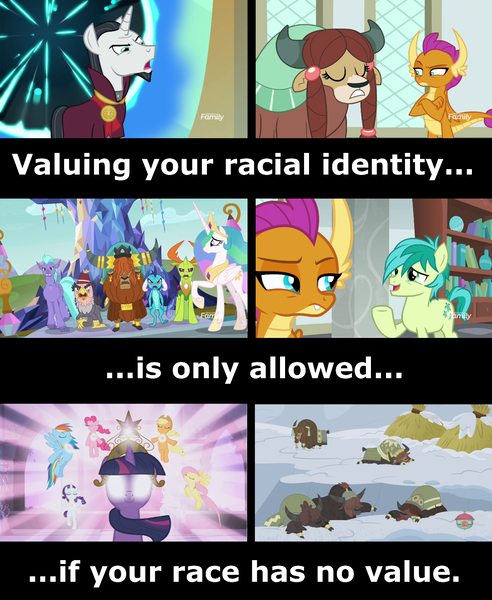 Size: 1272x1550 | Tagged: safe, derpibooru import, edit, edited screencap, screencap, applejack, chancellor neighsay, fluttershy, grampa gruff, pinkie pie, prince rutherford, princess celestia, princess ember, rainbow dash, rarity, sandbar, seaspray, smolder, thorax, twilight sparkle, yona, changedling, changeling, dragon, gryphon, pony, unicorn, yak, friendship is magic, not asking for trouble, school daze, alt-right, big crown thingy, caption, cloven hooves, comic, drama, guilt, image macro, jewelry, king thorax, male, mane six, mouthpiece, racial pride, racial shame, racism, regalia, screencap comic, stallion, text