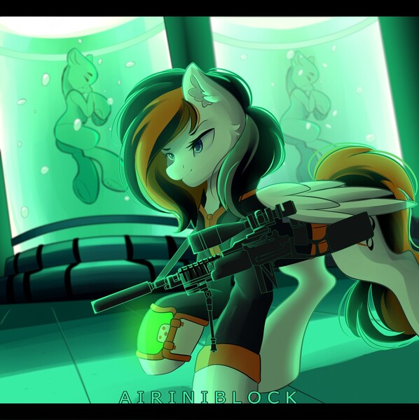 Size: 1276x1280 | Tagged: safe, artist:airiniblock, derpibooru import, oc, oc:rainy sky, unofficial characters only, pegasus, pony, fallout equestria, fanfic, clothes, ear fluff, fanfic art, female, gun, hooves, mare, optical sight, pipbuck, rcf community, rifle, sniper rifle, solo, vault suit, weapon, wings