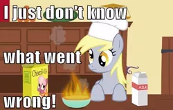 Size: 500x320 | Tagged: artist:ohitison, cereal box, cheerilee, derpibooru import, derpy hooves, edit, epic fail, fail, fire, food, funny, i just don't know what went wrong, image macro, impact font, meme, milk, safe, simpsons did it, the simpsons, writing