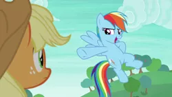 Size: 1280x720 | Tagged: safe, derpibooru import, screencap, applejack, rainbow dash, earth pony, pegasus, pony, non-compete clause, female, flying, freckles, hooves on hips, mare, open mouth, pose, rainboast dash, raised hoof, spread wings, underhoof, wings