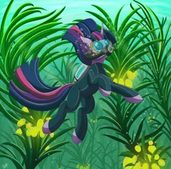 Size: 3000x2950 | Tagged: safe, artist:orangejuicerus, derpibooru import, twilight sparkle, pony, unicorn, air tank, bodysuit, diving, diving goggles, diving suit, female, kelp, kelp forest, mare, scuba, scuba gear, subnautica, swimming, underwater, wetsuit