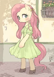 Size: 2480x3508 | Tagged: safe, artist:yanamosuda, derpibooru import, fluttershy, pegasus, pony, semi-anthro, arm hooves, bipedal, blushing, bow, clothes, cute, dress, female, hair bow, looking at you, mare, shoes, shyabetes, solo