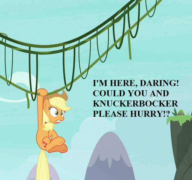 Size: 768x720 | Tagged: applejack, bridge, cropped, derpibooru import, edit, edited screencap, implied daring do, implied knuckerbocker, non-compete clause, safe, screencap, text, vine