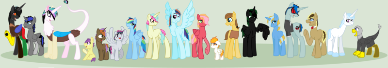 Size: 7592x1352 | Tagged: alicorn, alicorn oc, artist:amazingphan24, base used, derpibooru import, draconequus, draconequus oc, female, green background, hippogriff, hybrid, interspecies offspring, magical lesbian spawn, male, mare, next generation, oc, oc:cowboy, oc:dancer pie, oc:dj neon jr., oc:gameboy, oc:griffin lord, oc:heart spell, oc:lucky apple, oc:prince chaos, oc:prince midnight, oc:princess of madness, oc:prince star shield, oc:prince thorn, oc:sky dasher, oc:soaring, oc:speed bolt, oc:sweet candy, oc:thunder storm, oc:time lord, offspring, parent:apple bloom, parent:applejack, parent:big macintosh, parent:bon bon, parent:button mash, parent:caramel, parent:derpy hooves, parent:discord, parent:doctor whooves, parent:fluttershy, parent:king sombra, parent:lyra heartstrings, parent:neon lights, parent:prince blueblood, parent:princess celestia, parent:princess luna, parent:rainbow dash, parent:rumble, parents:bluetrix, parents:carajack, parent:scootaloo, parents:dislestia, parents:doctorderpy, parents:fluttermac, parents:lumbra, parents:lyrabon, parent:soarin', parents:rumbloo, parents:soarindash, parents:sweetiemash, parents:tenderbloom, parents:vinylights, parent:sweetie belle, parent:tender taps, parent:trixie, parent:vinyl scratch, safe, simple background, stallion, unofficial characters only
