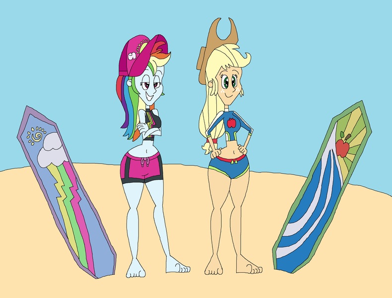 Size: 3465x2633 | Tagged: safe, artist:hunterxcolleen, derpibooru import, applejack, rainbow dash, human, equestria girls, equestria girls series, 1000 hours in ms paint, barefoot, beach, belly button, bikini, bikini top, cap, clothes, copy and paste, duo, duo female, feet, female, hat, humanized, shorts, surfboard, swimming trunks, swimsuit