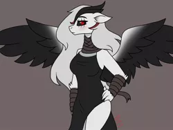 Size: 2048x1536 | Tagged: anthro, artist:littlecritter, bandage, black sclera, clothes, derpibooru import, dress, edolon, eye scar, female, hand on hip, oc, oc:rumor stormblade, pegasus, red eyes, safe, scar, simple background, spread wings, wings