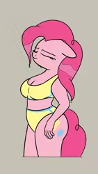 Size: 1620x2880 | Tagged: anthro, artist:andelai, bicolor swimsuit, breasts, clothes, derpibooru import, eyes closed, female, floppy ears, gray background, pinkie pie, shower, showering, simple background, solo, solo female, suggestive, swimsuit, wet mane