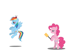 Size: 1080x720 | Tagged: safe, artist:twitchy-tremor, derpibooru import, pinkie pie, rainbow dash, earth pony, insect, parasprite, pegasus, pony, animated, attack, female, flying, flyswatter, food, gif, jumping, mare, pie, rainbow, simple background, white background